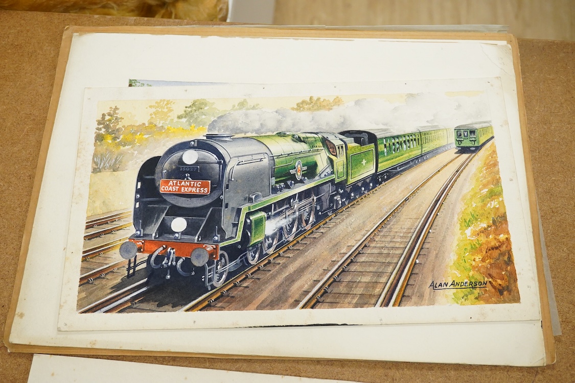 Alan Anderson, six original watercolours for postcard designs, Steam Trains to include ‘Scarborough Flyer’, ‘The Deron Belle’ and ‘Great Northern’, each signed, 26 x 37cm